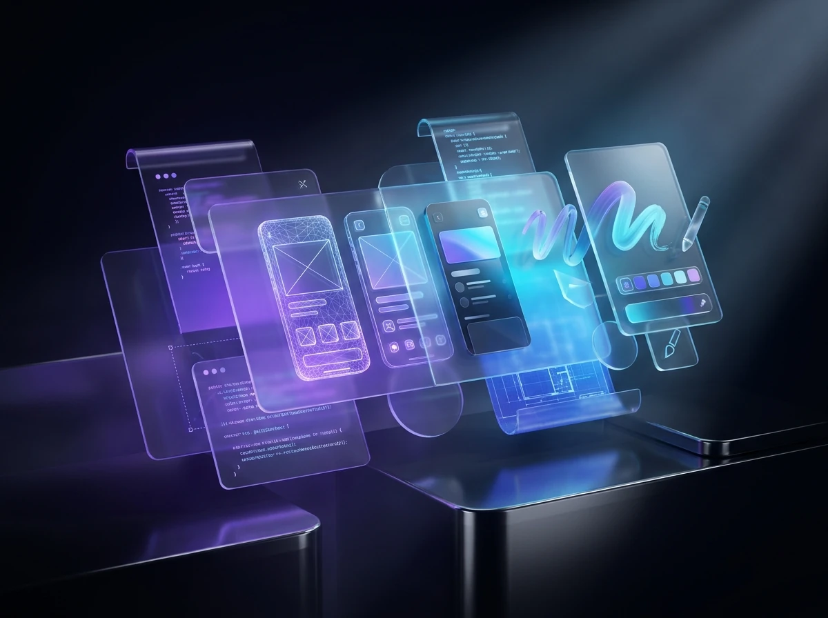 Softanix design and engineering studio — wireframes transforming into a finished app